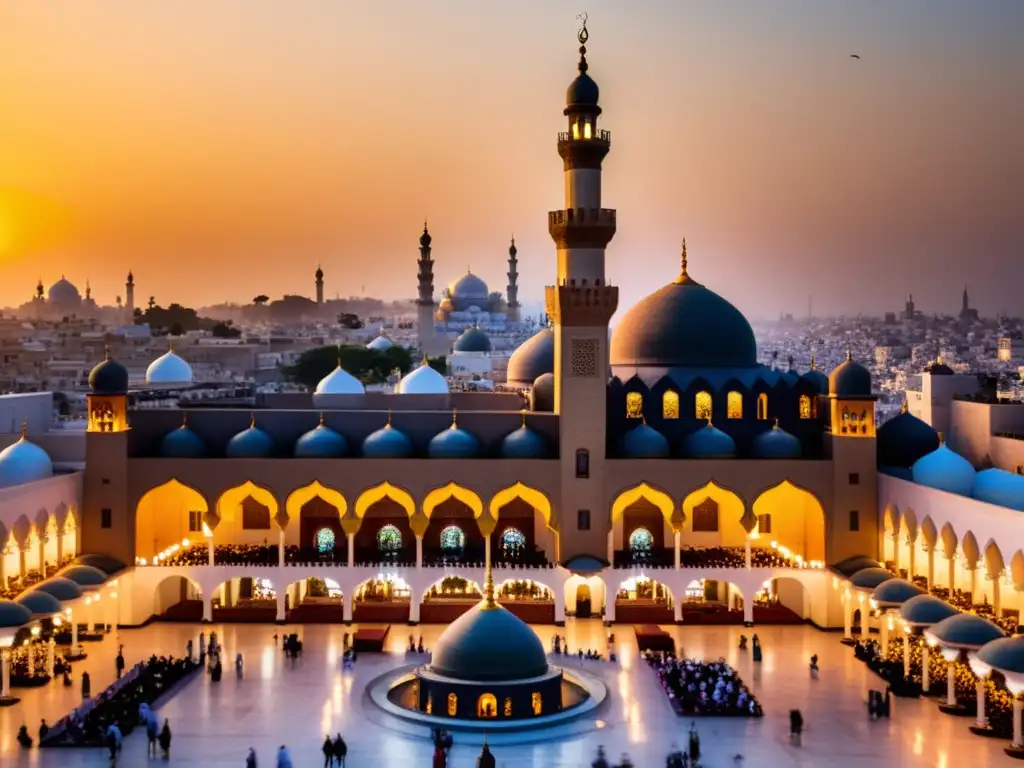 Vista majestuosa de la mezquita y bullicio de la ciudad al atardecer, reflejando la identidad cultural de los países islámicos