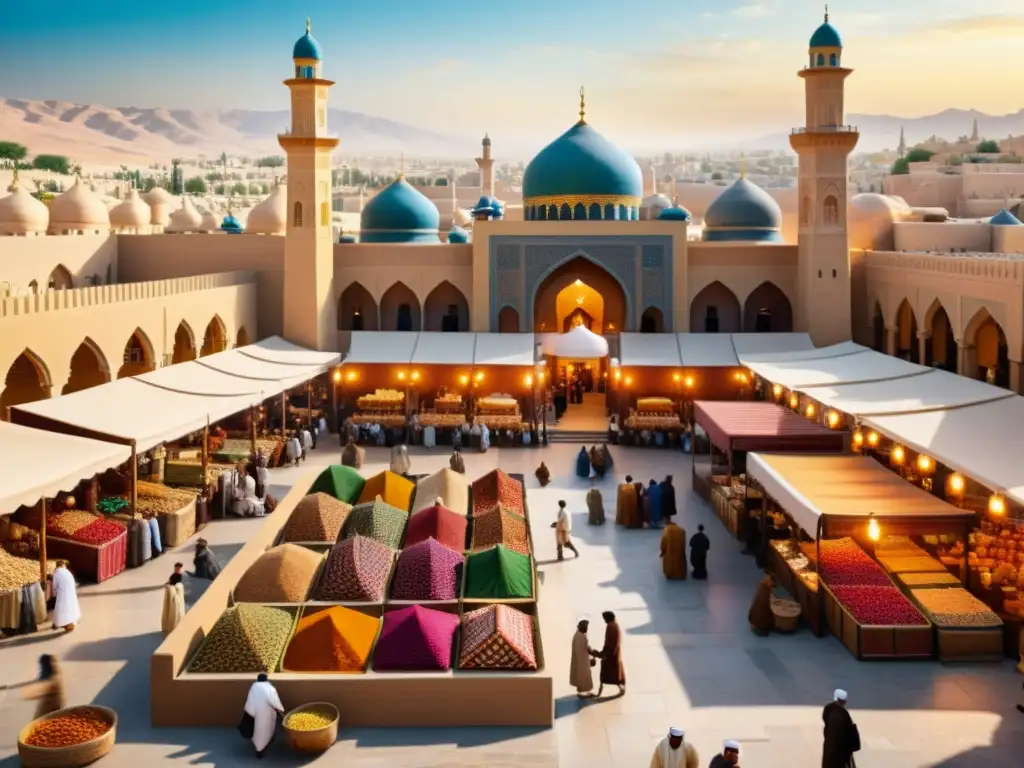 Vista de mercado histórico en ciudad de Oriente Medio, con colores vibrantes y actividad comercial, reflejando la difusión del Islam en la región