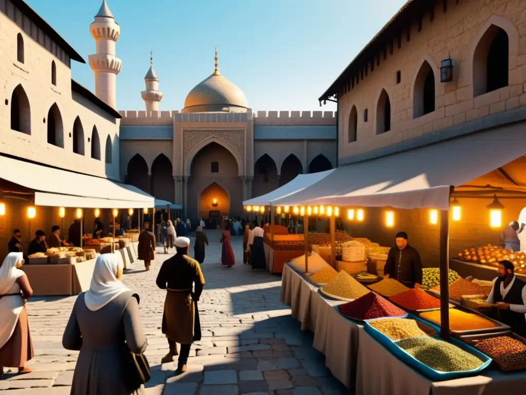 Vista de mercado medieval en Al-Ándalus con arquitectura detallada y gente comercializando, reflejando la transformación del Islam en Al-Ándalus