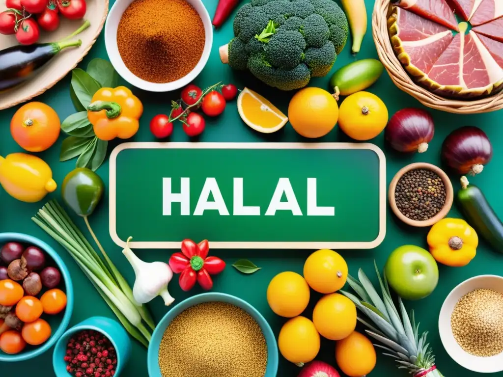 Vista de mercado online con los mejores alimentos Halal: frutas, carnes y especias, exhibidos con colores vibrantes y gran variedad