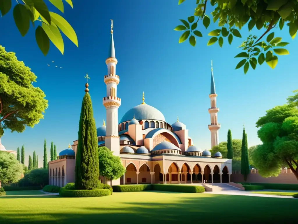 Vista de una mezquita histórica entre exuberante vegetación, con minaretes hacia el cielo azul