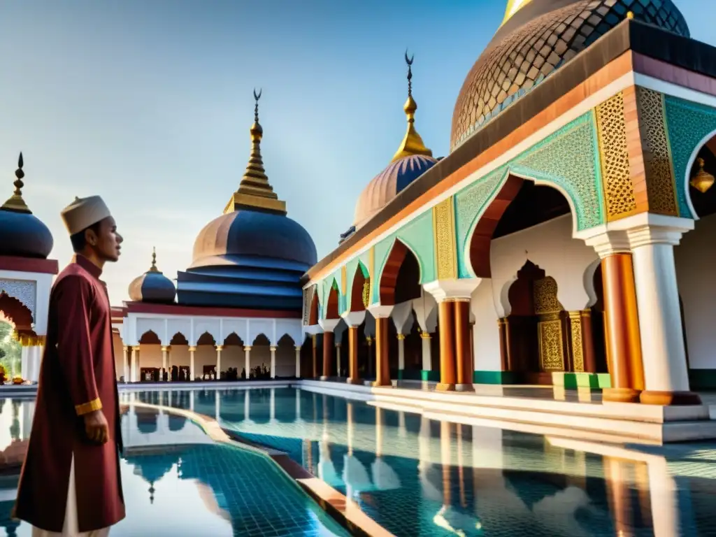 Vista de una mezquita indonesia vibrante y bulliciosa, con minaretes intrincados alcanzando el cielo