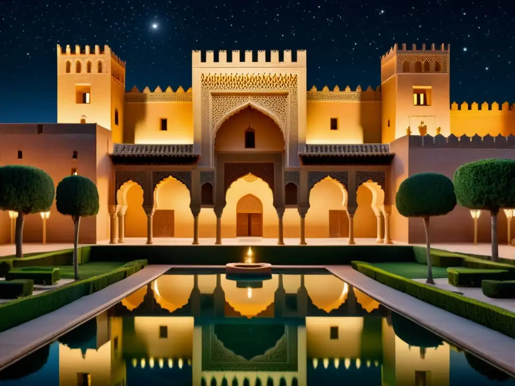 Vista nocturna de la Alhambra iluminada por la luna, resaltando la belleza celestial que inspiró la astronomía en Al-Ándalus, España musulmana