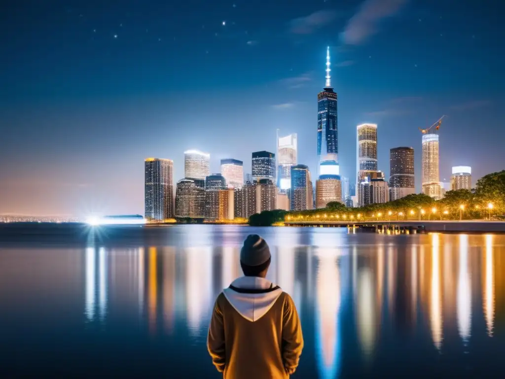 Una vista nocturna de la ciudad moderna con luces brillantes reflejadas en el agua, emanando poesía mística Rumi Islam sufismo