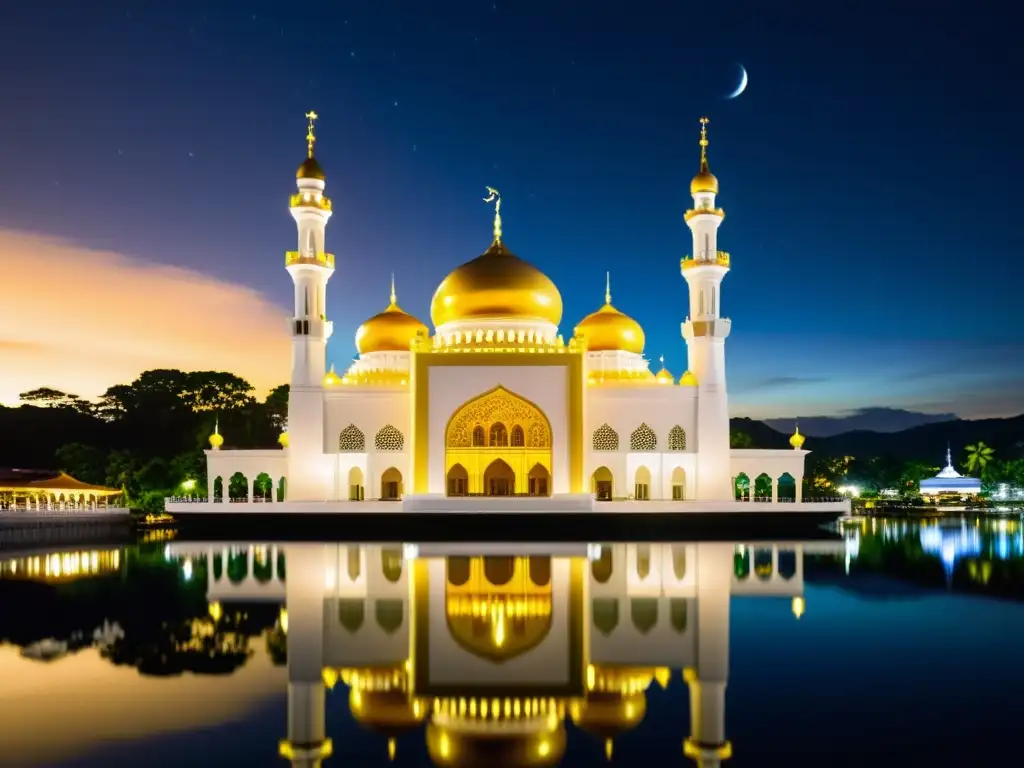 Vista nocturna deslumbrante de la Mezquita Sultan Omar Ali Saifuddin en Brunei, destacando el sincretismo religioso en el Islam del sudeste asiático