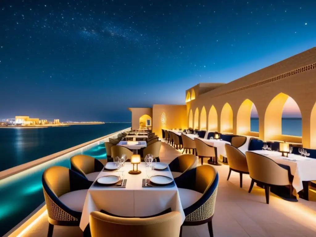 Vista nocturna del elegante restaurante Shirvan Métisse Doha, con iluminación suave y cálida