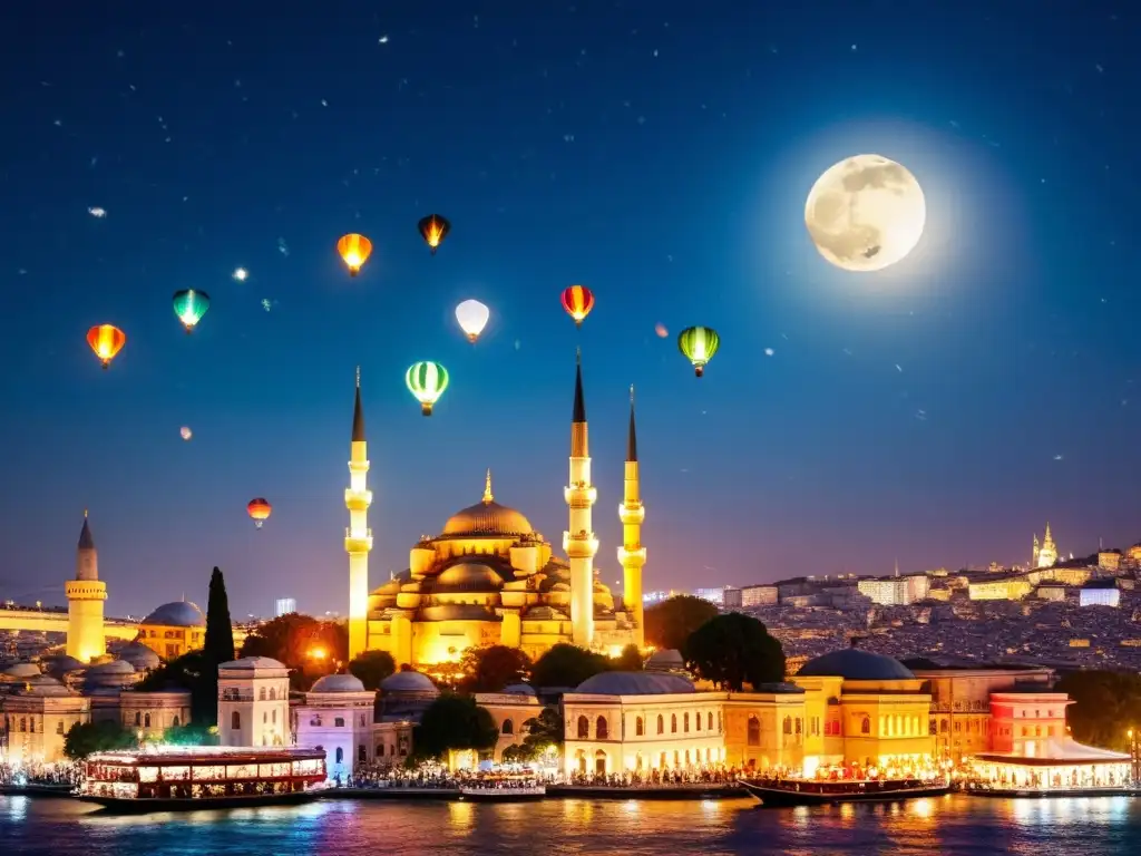 Vista nocturna del Festival de Linternas Mahya en Estambul durante el Ramadán, con coloridas linternas iluminando la ciudad