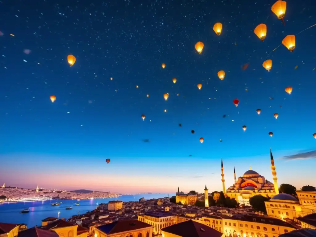 Vista nocturna de Estambul durante el Festival de Linternas Mahya en Ramadán, con un cielo lleno de coloridas linternas flotantes