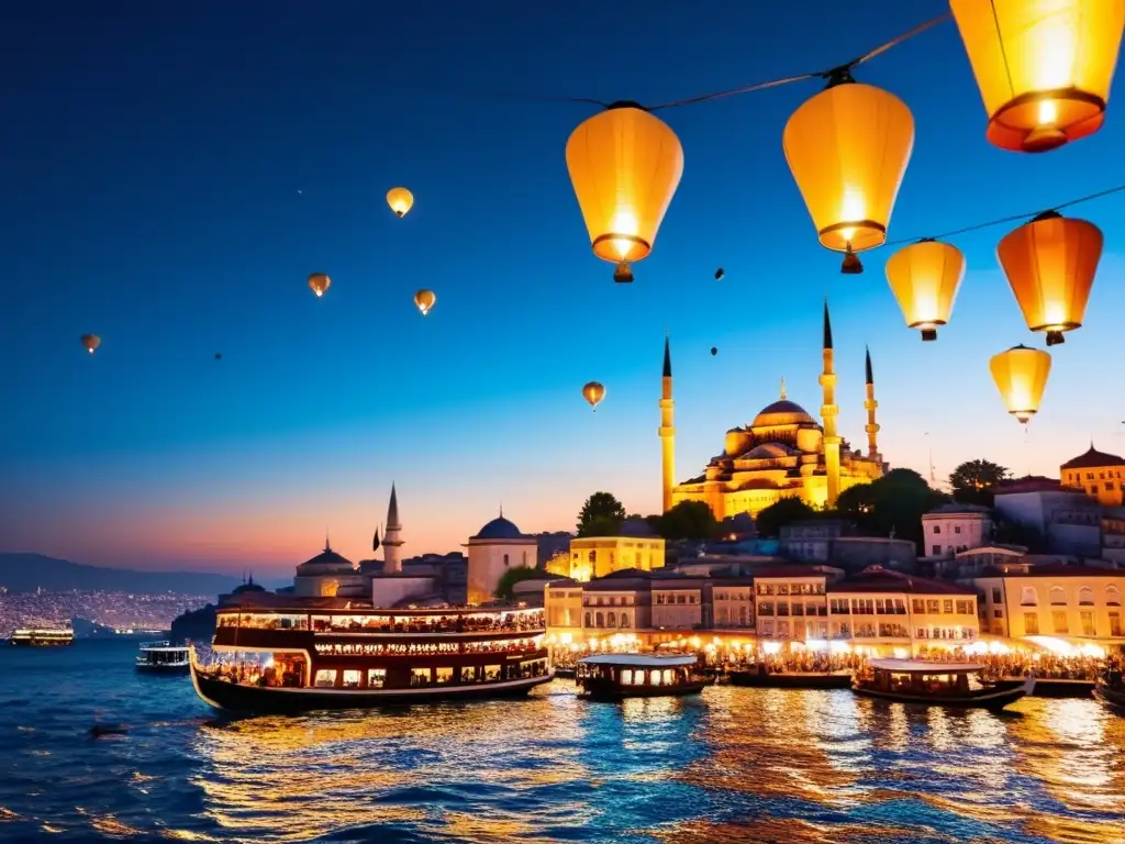 Vista nocturna de Estambul con linternas Mahya iluminando el cielo y el Bósforo, durante el Festival de Mahya en Ramadán