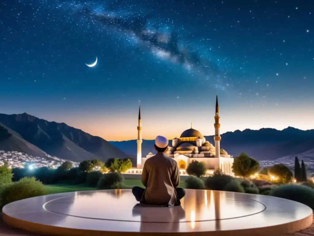 Vista nocturna de una mezquita iluminada, con el cielo estrellado y la luna, evocando el significado y tradición de Shabe Barat