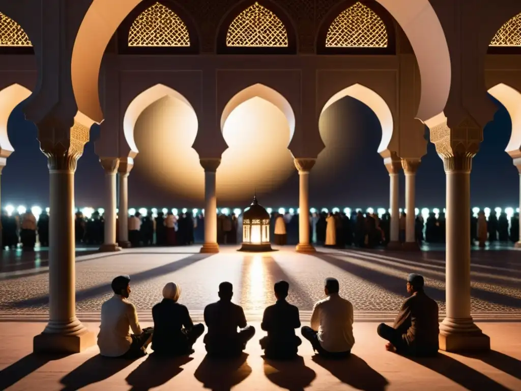 Vista nocturna de una mezquita con personas rezando, evocando el significado y tradición de Shabe Barat en la sociedad islámica