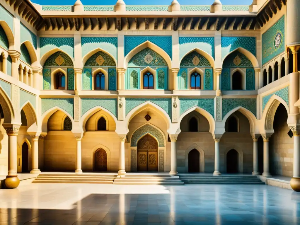 Vista del opulento palacio de los Shirvanshah en Baku, Azerbaiyán, con influencia geopolítica de los Shirvánshah y detalles arquitectónicos islámicos exquisitos, jardines exuberantes y mercados bulliciosos