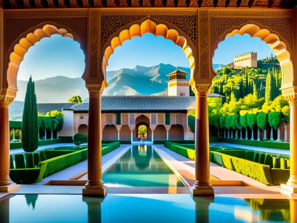 Vista panorámica de la Alhambra, joya arquitectónica herencia islámica en Granada, con jardines exuberantes y montañas majestuosas al fondo