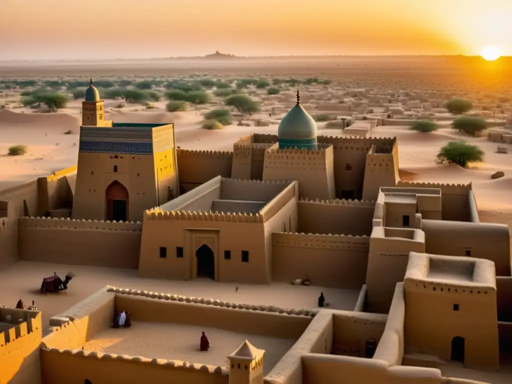 Vista panorámica de la antigua ciudad de Timbuktu al atardecer, con sus edificios de barro y la sabiduría islámica de África en sus manuscritos