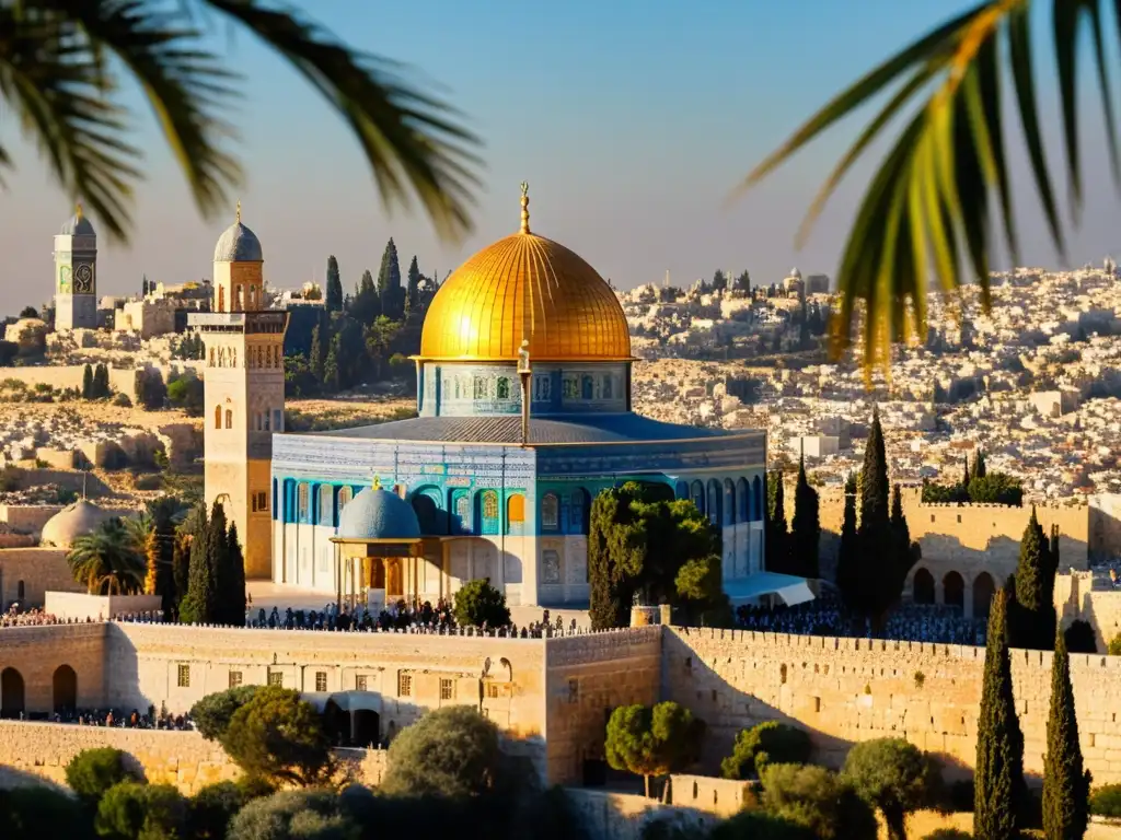 Vista panorámica al atardecer de la Cúpula de la Roca en Jerusalén islámica, resaltando su belleza y detalles