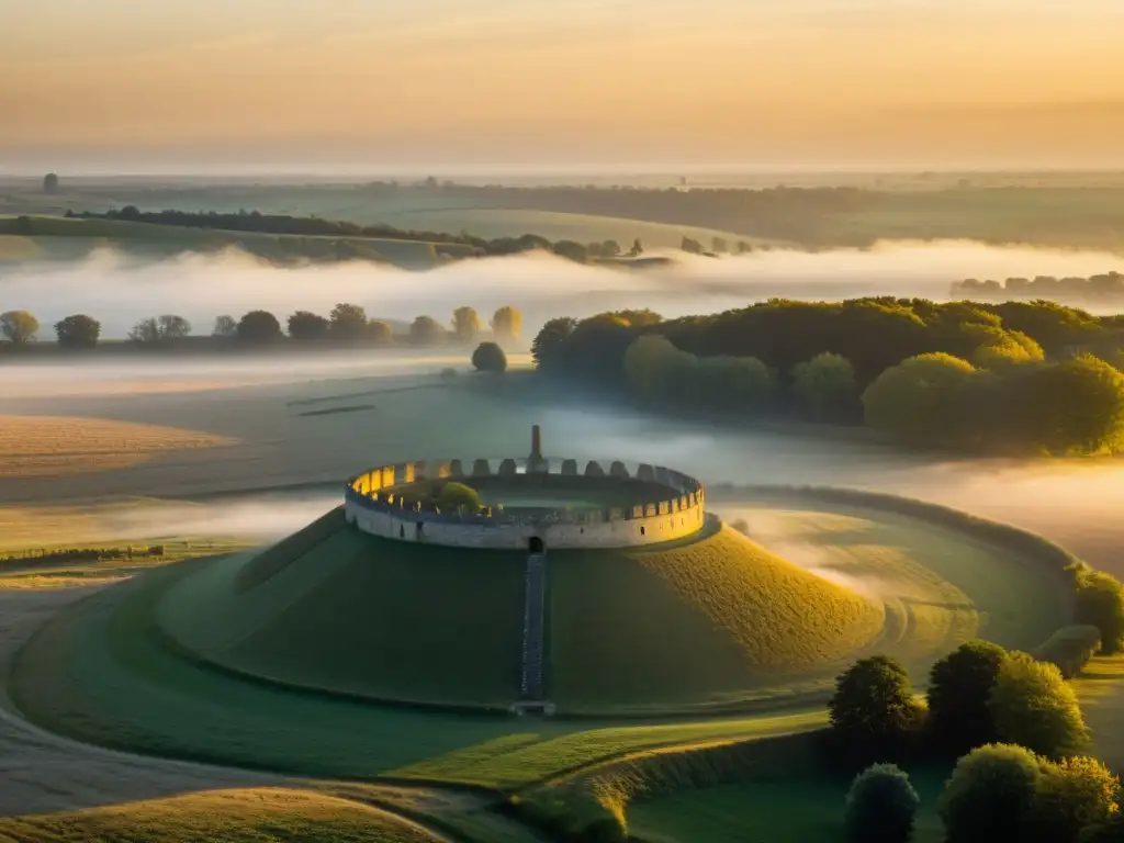 Vista panorámica de la Batalla de Tours, con restos históricos iluminados por la luz dorada del amanecer