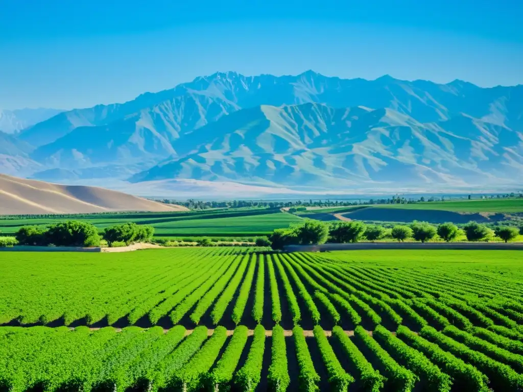 Vista panorámica de la revolución agrícola alAndalus: campos fértiles, montañas y cielo azul evocan prosperidad y abundancia