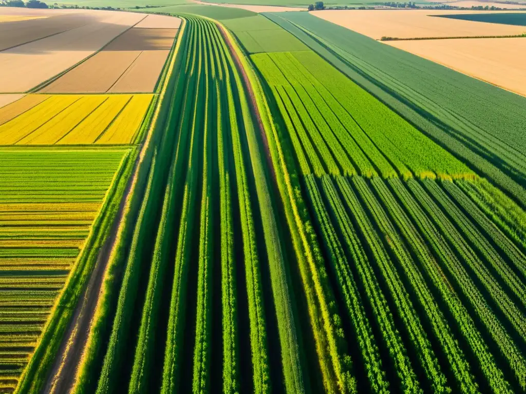 Vista panorámica de la revolución agrícola alAndalus: campos verdes de trigo y cebada bañados por la cálida luz dorada, con una casa andaluza al fondo