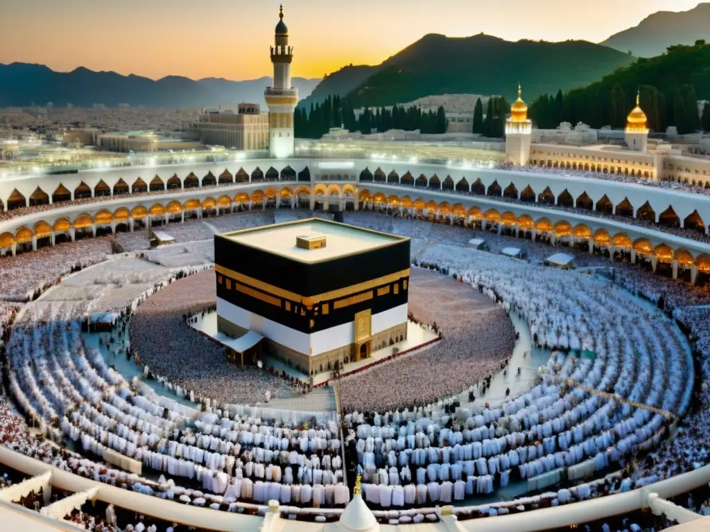 Una vista panorámica y detallada de la Masjid al-Haram durante el Hajj, mostrando millones de peregrinos en vestimenta blanca alrededor de la Kaaba