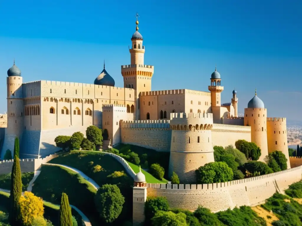 Vista panorámica de una imponente fortaleza medieval y una mezquita defensiva, destacando la historia islámica