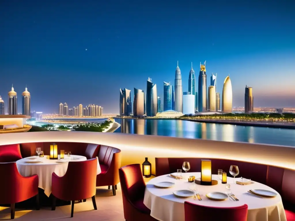 Vista panorámica de un lujoso restaurante halal en Doha con elegante terraza nocturna y vistas a la ciudad