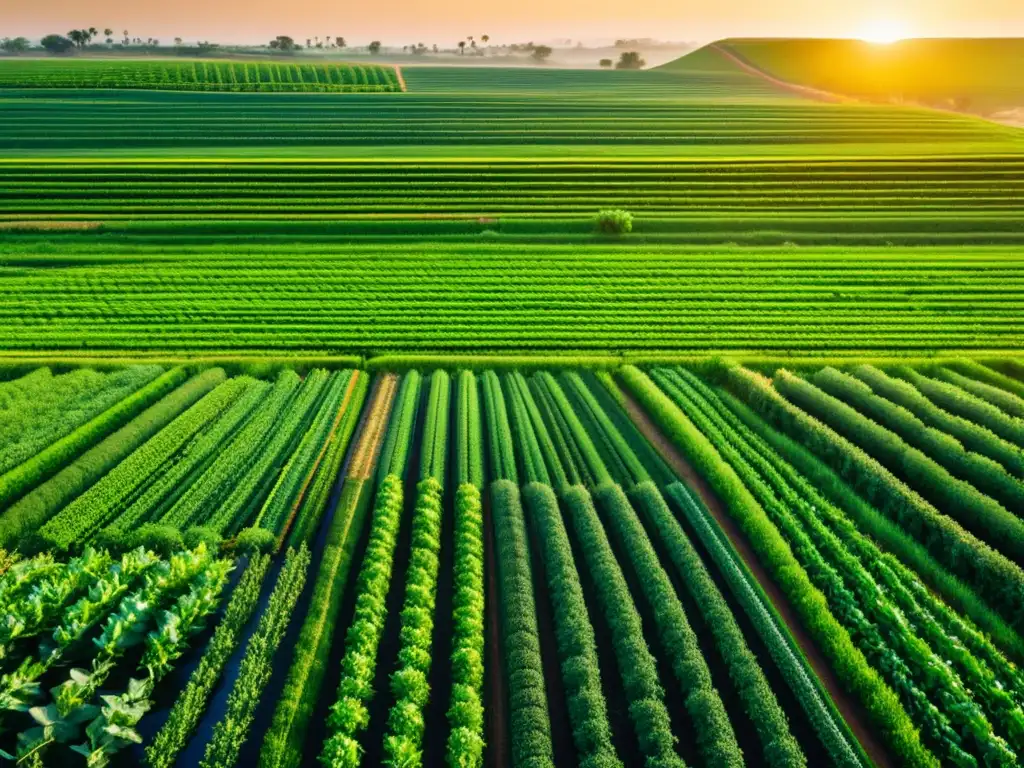 Vista panorámica de un paisaje agrícola exuberante con patrones geométricos islámicos, destacando un sistema de riego intrincado