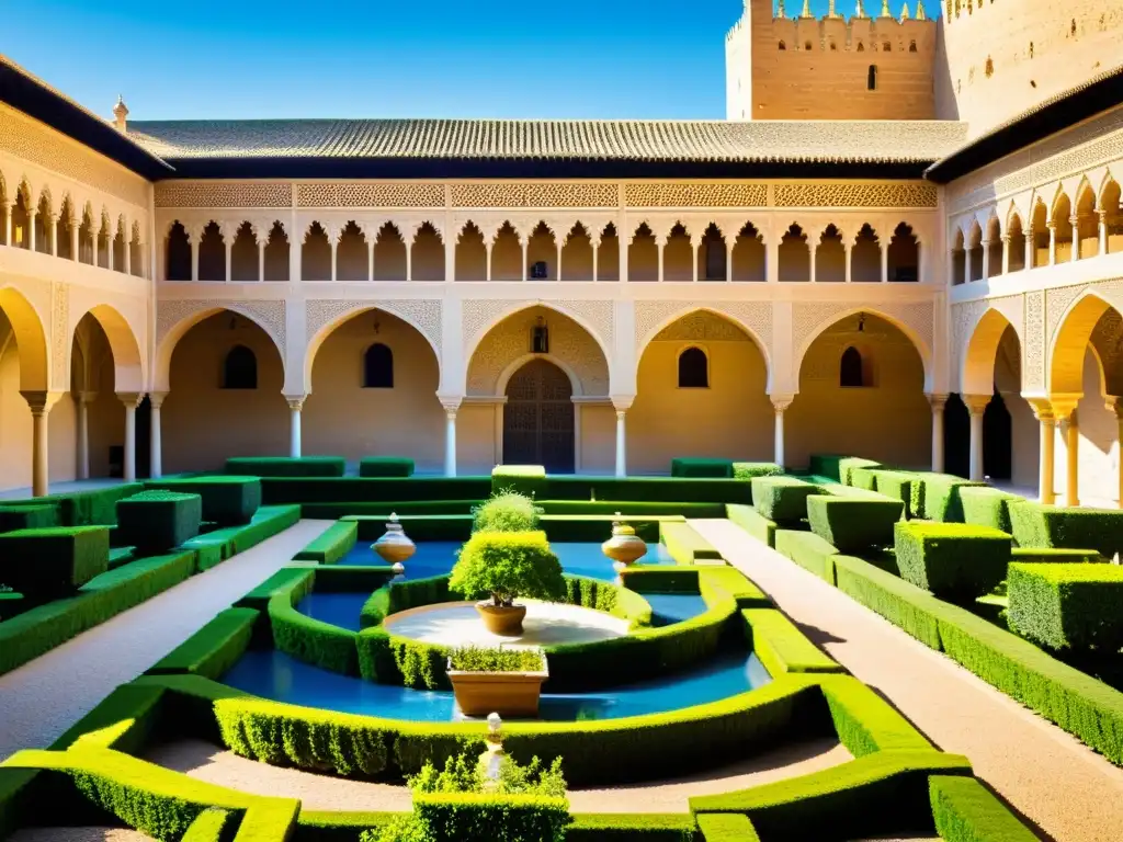 Vista panorámica del Palacio de la Aljafería en Zaragoza, con detalles arquitectónicos moriscos y exuberantes jardines