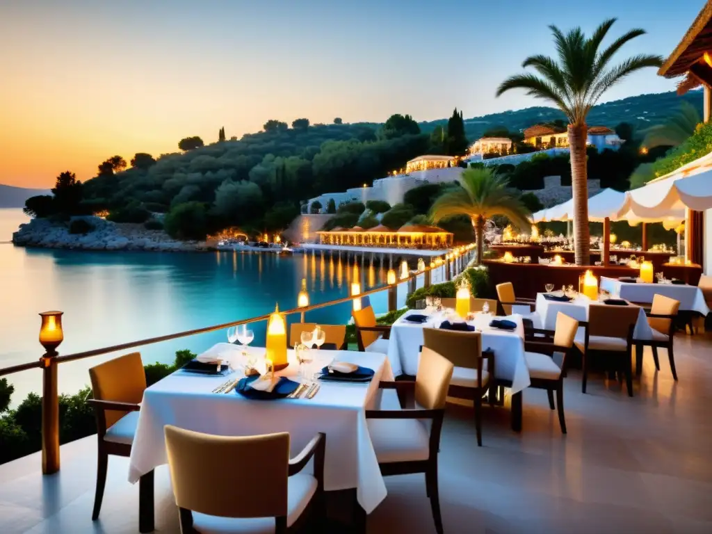 Restaurante halal de lujo en la Riviera Turca Vista panorámica de un restaurante halal en la Riviera Turca con elegante decoración y exquisita comida mediterránea
