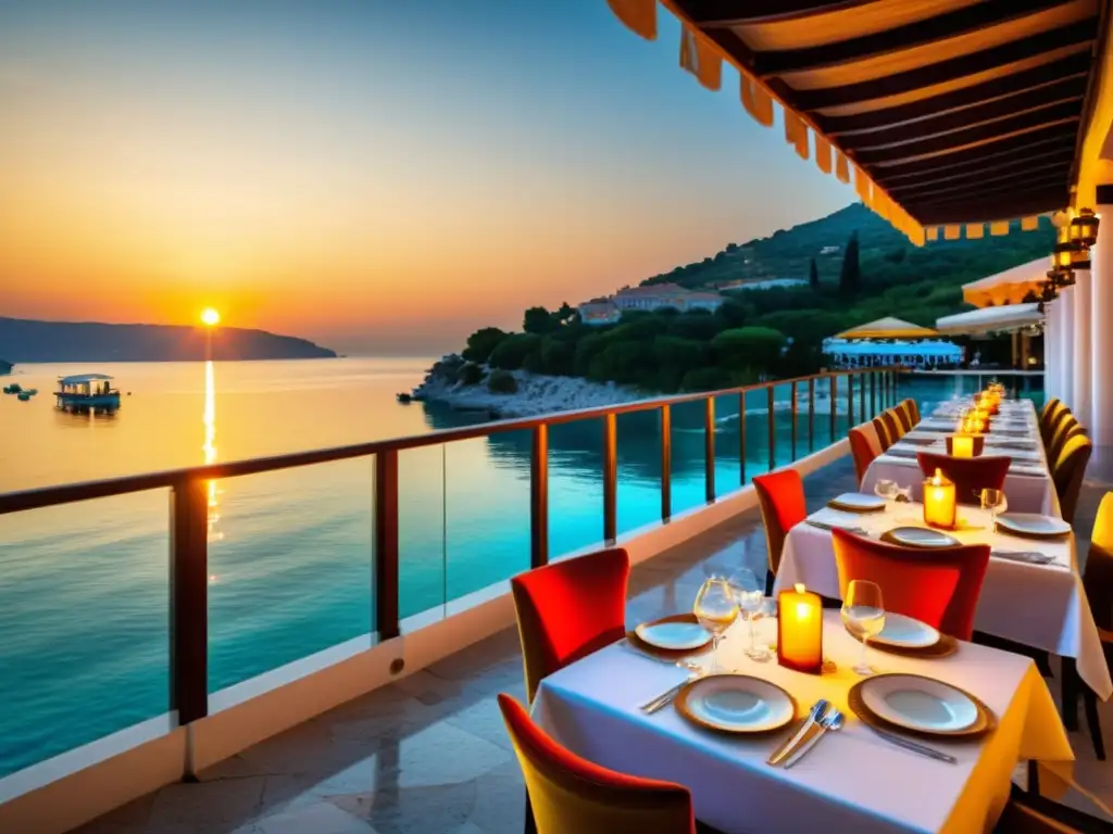Exquisita cena halal con vista al mar en la Riviera Turca Vista panorámica de un restaurante halal en la Riviera Turca, con deliciosos platos y una atmósfera serena al atardecer