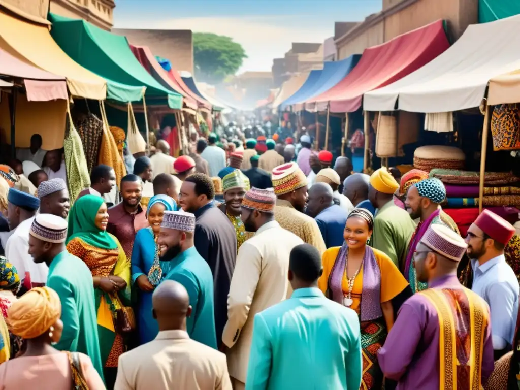 Vista realista del bullicioso mercado de una ciudad africana, con moda tradicional islámica africana colorida y vibrante