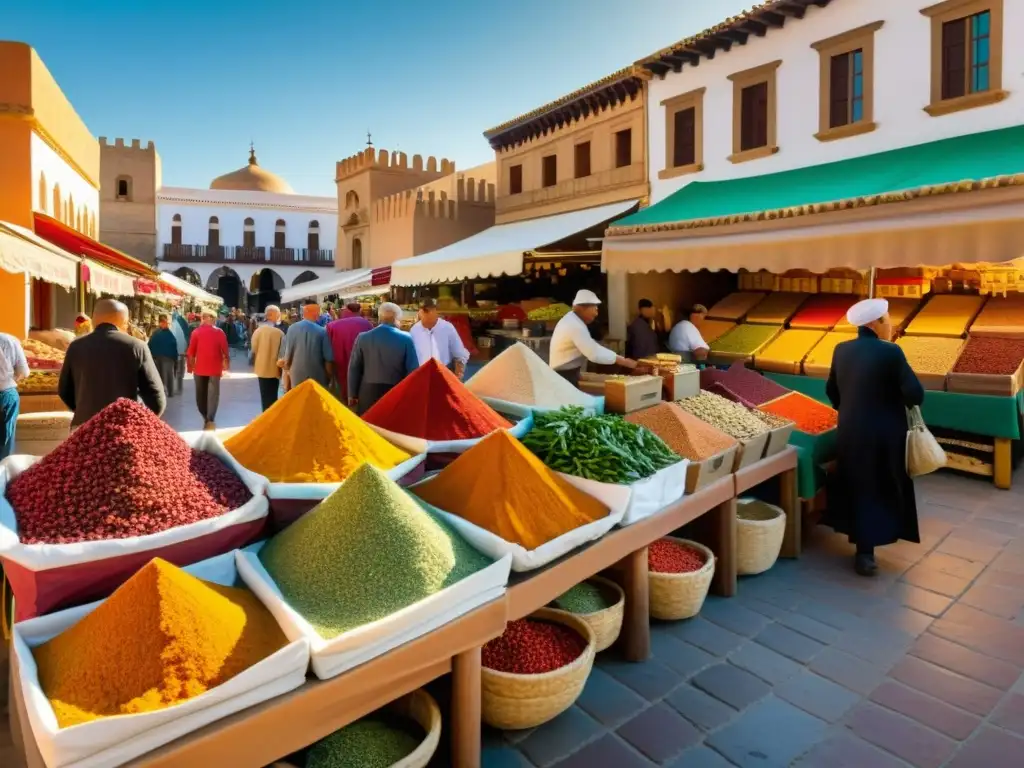 Vista realista de un bullicioso mercado en Almería, Andalucía, con especias, frutas y verduras coloridas