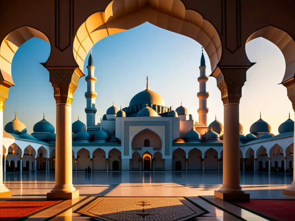 Vista realista de la gran mezquita selyúcida, con minaretes imponentes que alcanzan el cielo, bañada por la cálida luz dorada del atardecer