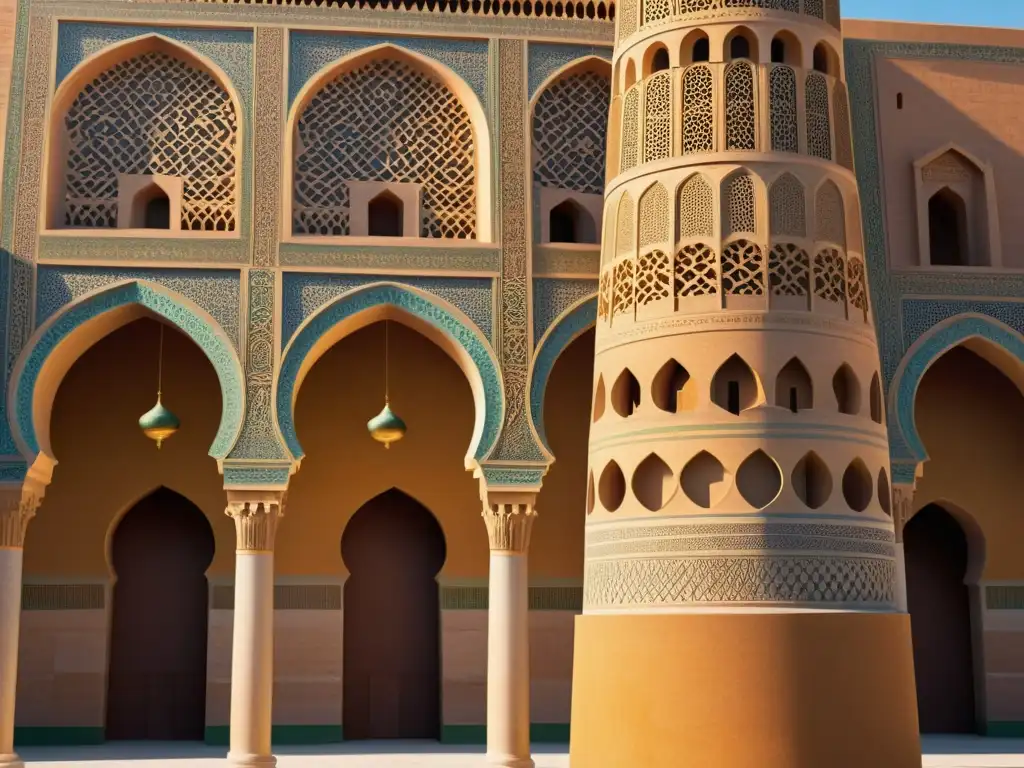 Vista realista de la Gran Mezquita de Samarra, con su minarete espiral y patrones geométricos