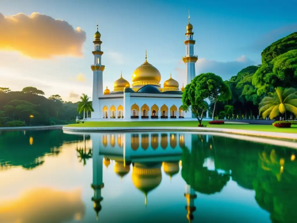 Vista serena de la mezquita Sultan Omar Ali Saifuddien en la belleza de Brunei, reflejando la arquitectura islámica en la tranquilidad del amanecer