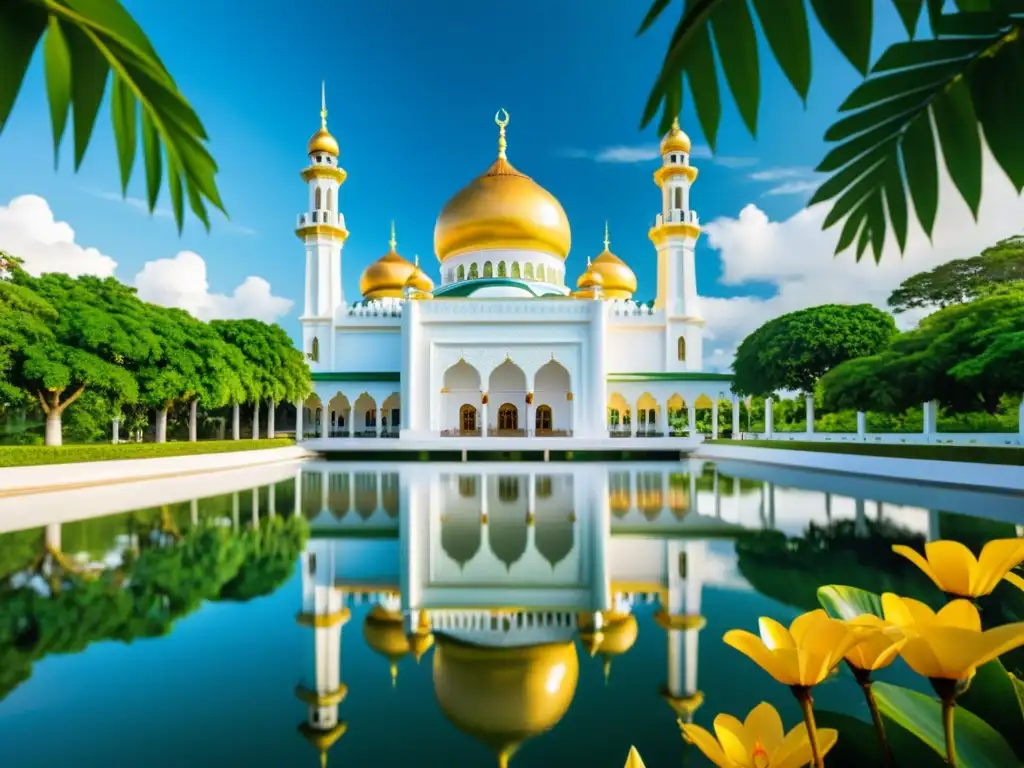 Vista serena de la mezquita Sultan Omar Ali Saifuddin en Brunei, reflejada en el agua, con exuberante vegetación y flores