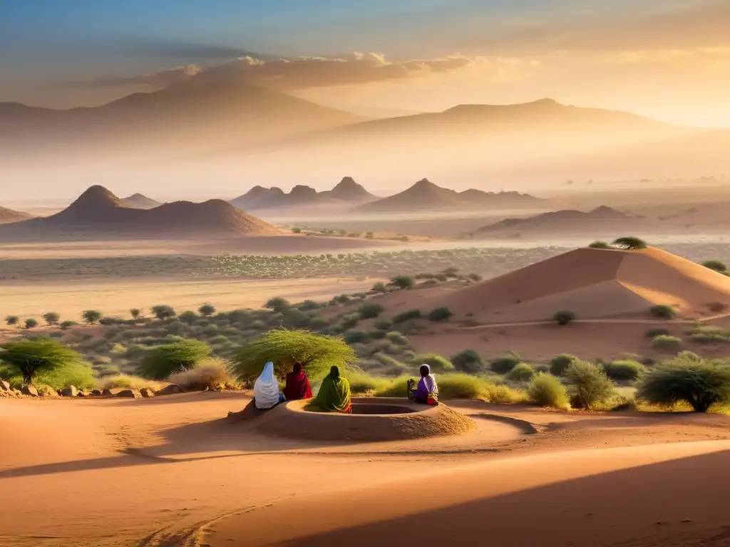 Vista serena del paisaje árido de Darfur, con mujeres en ropa tradicional alrededor de un pozo