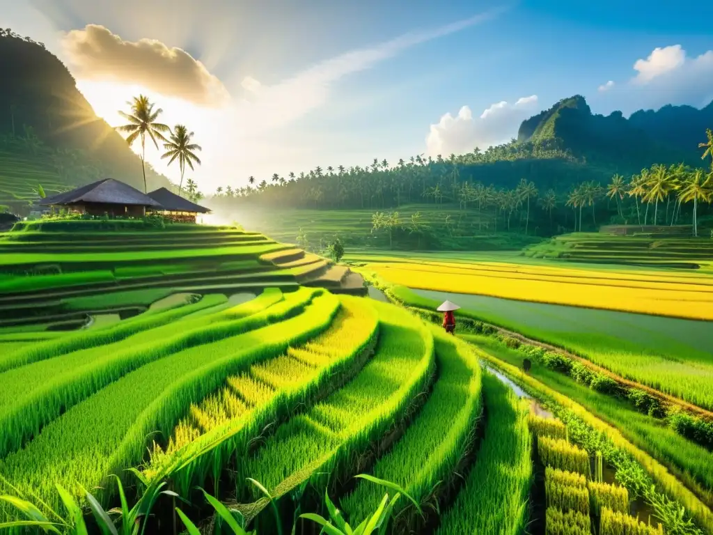 Vista serena de un pueblo indonesio entre arrozales, reflejando la expansión pacífica del Islam en Indonesia