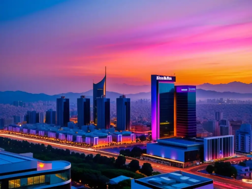 Vista urbana con un moderno banco islámico en primer plano, reflejando el atardecer