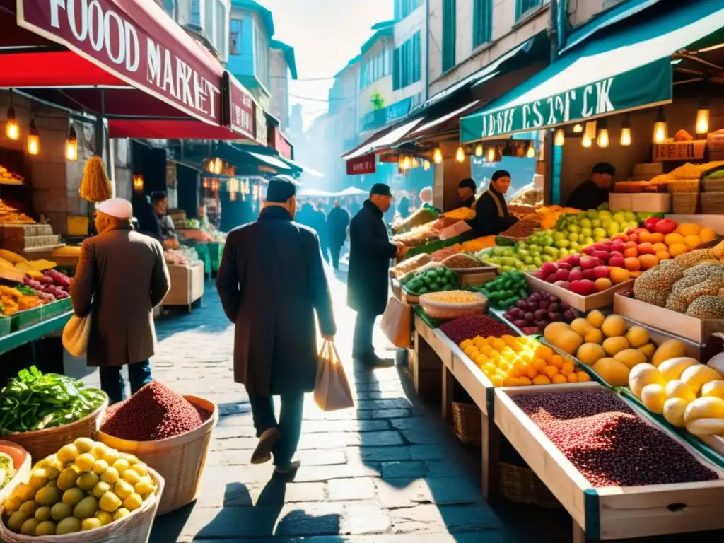 Vista vibrante de un bullicioso mercado de alimentos en Estambul, resaltando la cultura culinaria