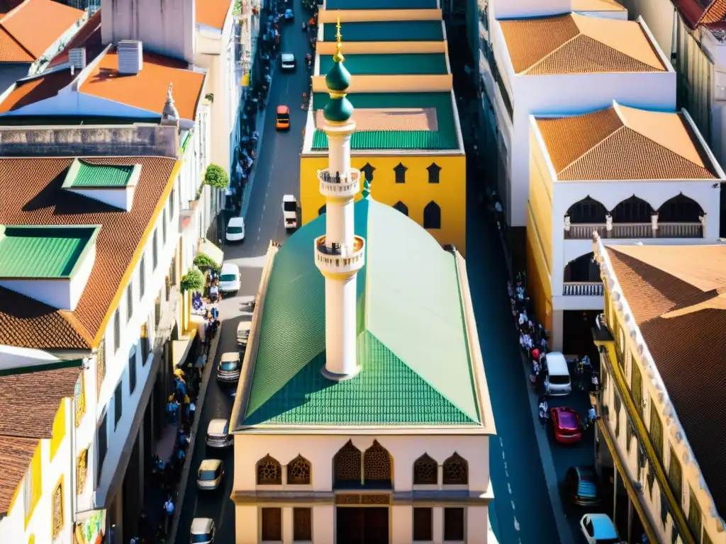 Mezquita vibrante en São Paulo: diversidad en la calle Vista vibrante de una calle en São Paulo con una mezquita dominando el horizonte, reflejando el crecimiento del Islam en Brasil