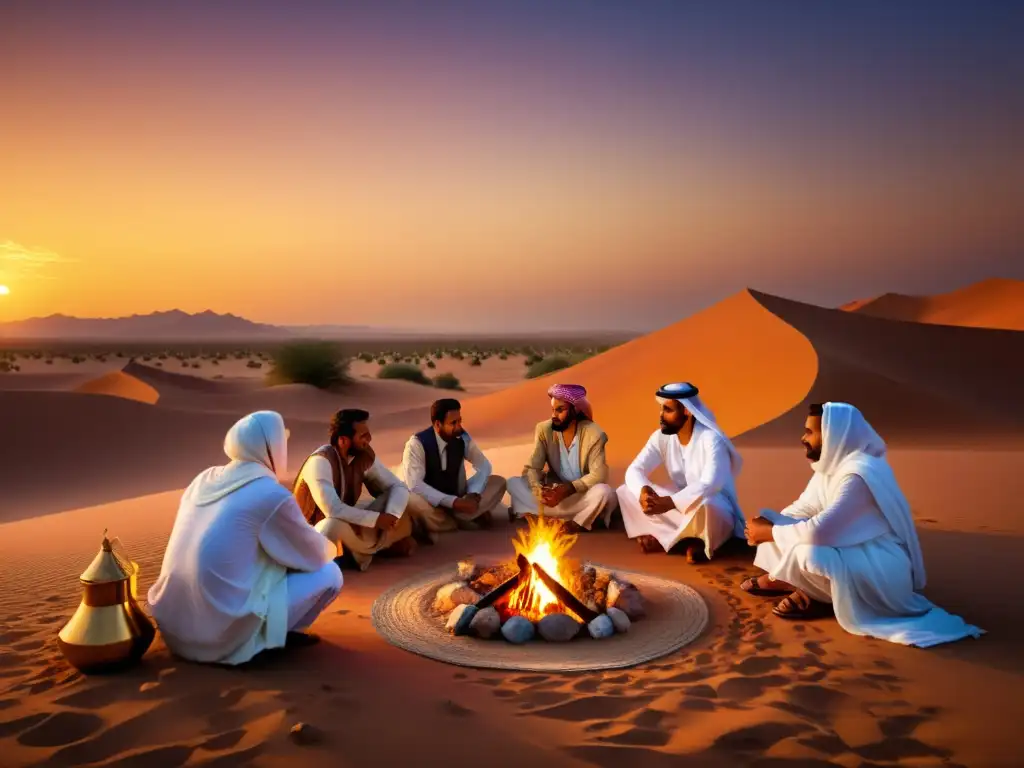 Vista vibrante del desierto árabe al atardecer, con seguidores reunidos alrededor de una fogata en profunda discusión