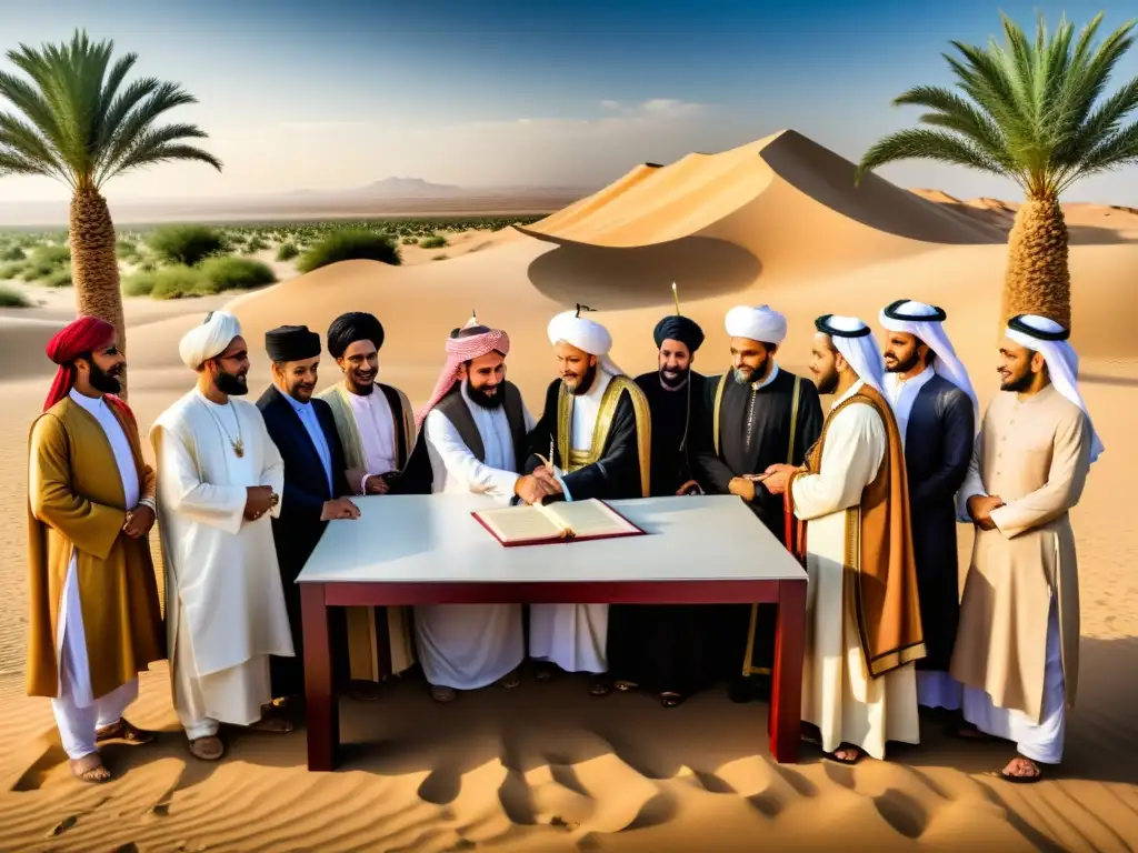 La firma del Tratado de Hudaybiyyah: una obra maestra histórica Vívida representación de la firma del Tratado de Hudaybiyyah por el Profeta Mahoma y sus compañeros en el desierto