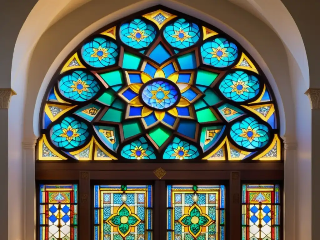 Vívida imagen de una ventana de vitral en una mezquita islámica con patrones geométricos y caligrafía