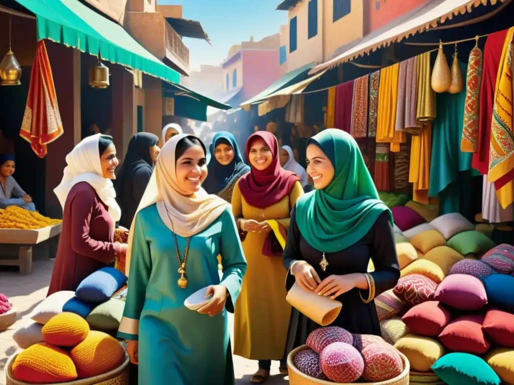 Vívida representación de mujeres en arte islámico, compartiendo en un bullicioso mercado, exudando comunidad y riqueza cultural