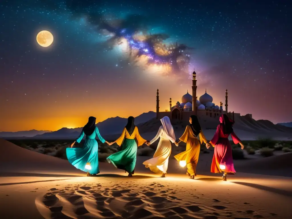 Voces femeninas poesía sufí: Mujeres danzando en el desierto bajo la luna y estrellas, con luz de linternas y una mezquita mística al fondo