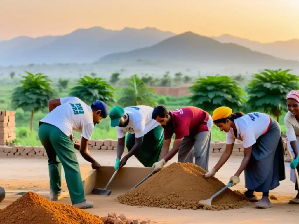 Voluntarios construyendo escuela en comunidad musulmana al atardecer, unión y progreso