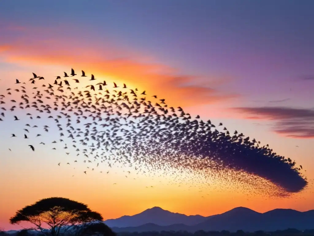 Un vuelo de pájaros multicolores en un amanecer dorado