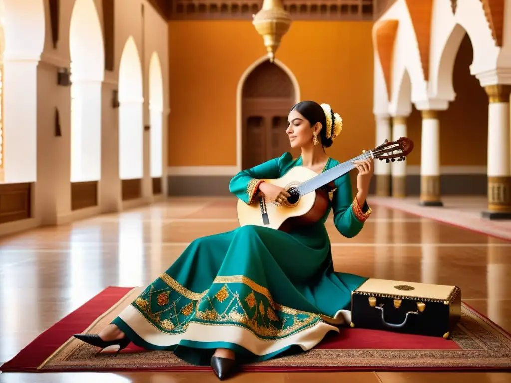 Ziryab ícono moda música AlAndalus: Ziryab toca el laúd en un salón opulento, rodeado de músicos y admiradores