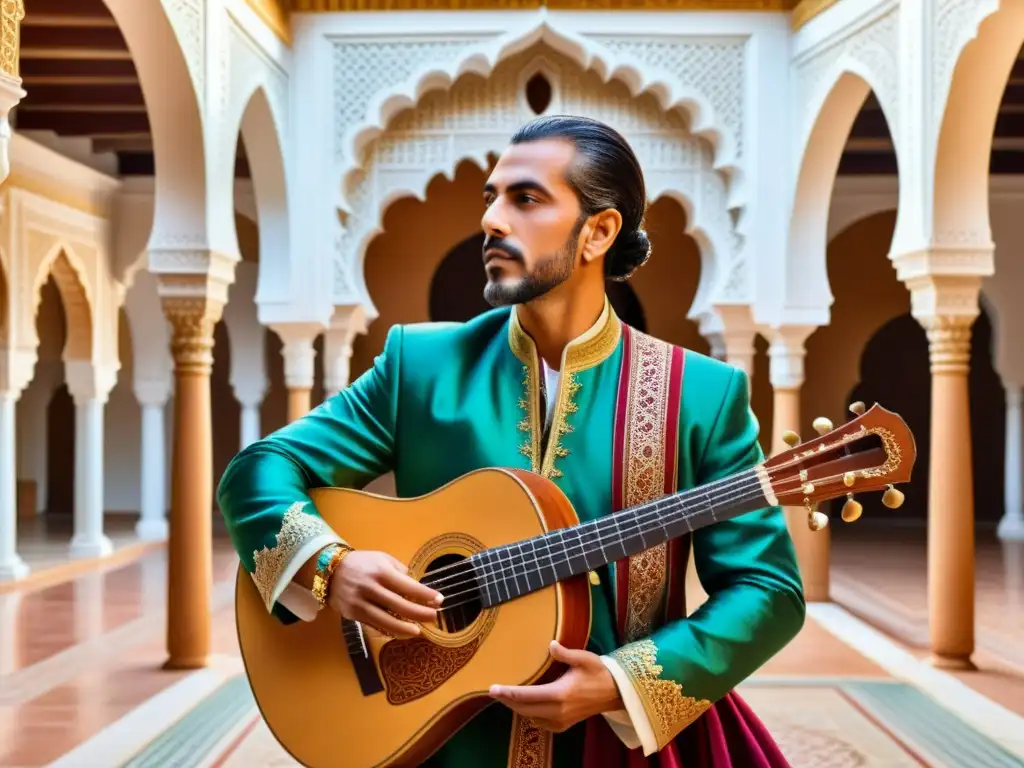 Ziryab ícono moda música AlAndalus: Ziryab interpreta música con pasión en un patio andaluz, rodeado de arquitectura exquisita