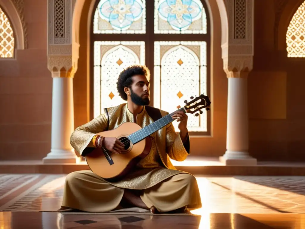 Ziryab, músico de Al-Ándalus, compone música en un majestuoso salón rodeado de arquitectura morisca detallada